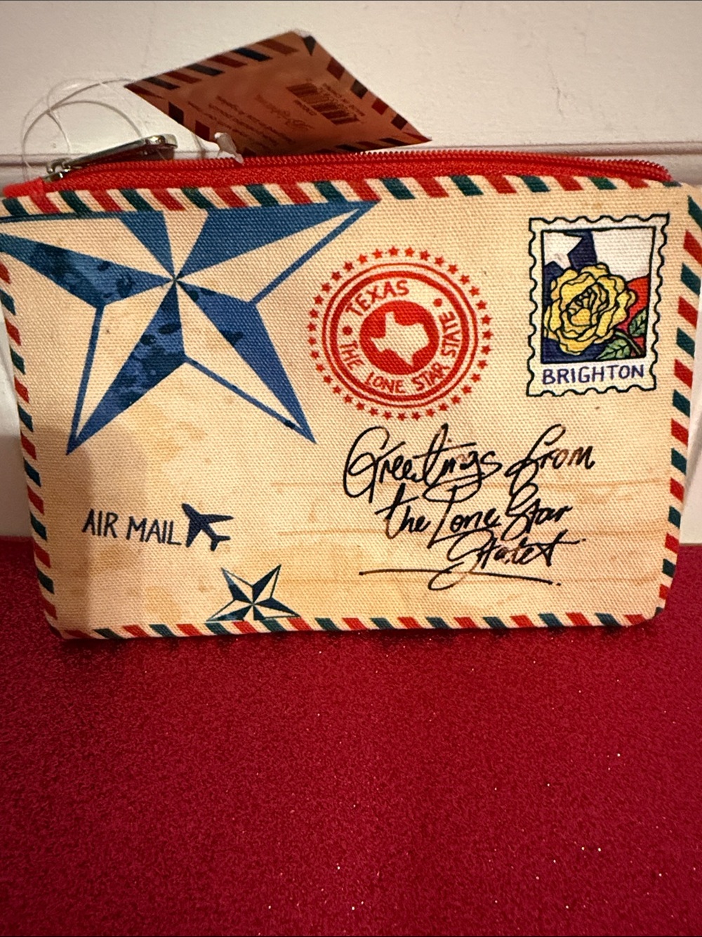 Brighton Beige Zip Pouch with Blue Stars and Red Trim - Picture 7 of 9